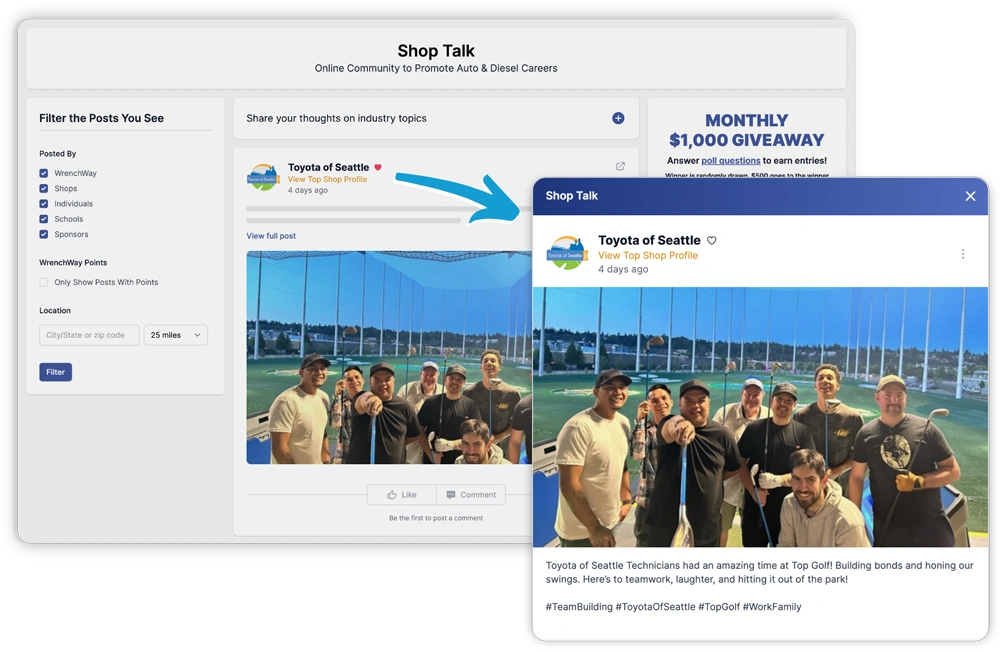 Shop Talk listing and example of a Shop Talk post in WrenchWay